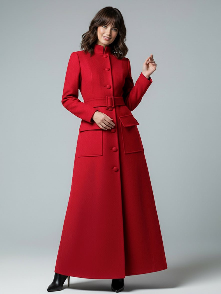 Woolen Full-Length Maxi Coat With Stand Collar And Flap Pockets For Women 2026