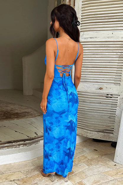 Floral Print Ruffled Strap Bodycon Maxi Dress