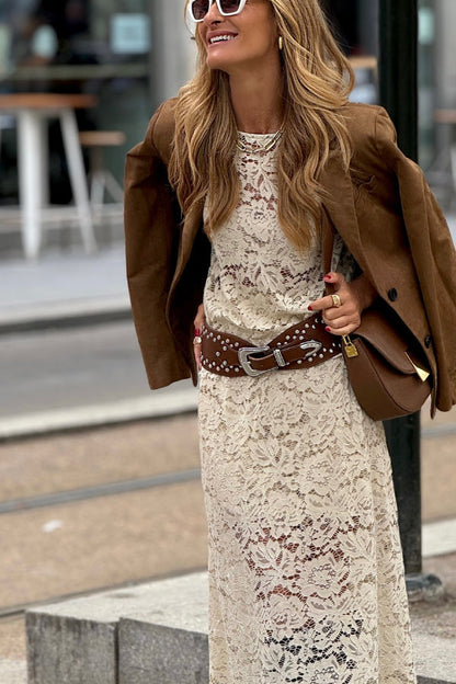 Beige Crochet Flowers Two-Piece Set