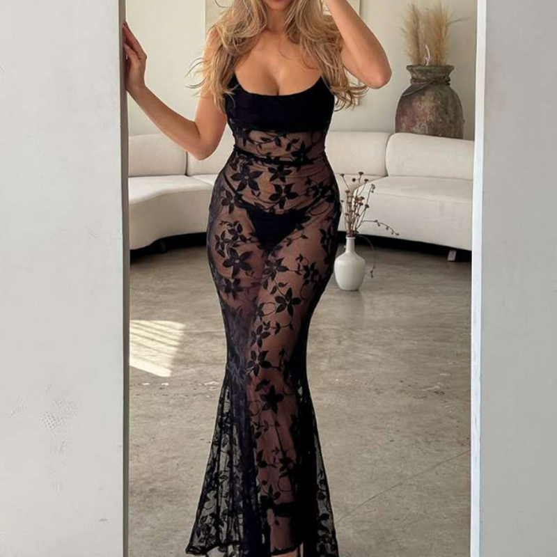 Lace u neck see through solid cami maxi dress