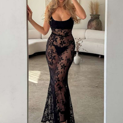 Lace u neck see through solid cami maxi dress