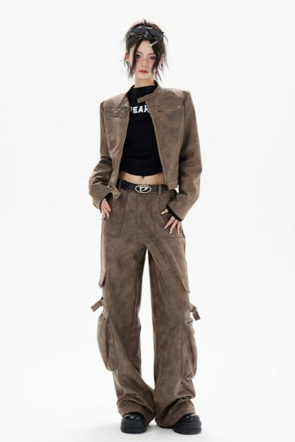 Cropped Biker Style Leather Jacket