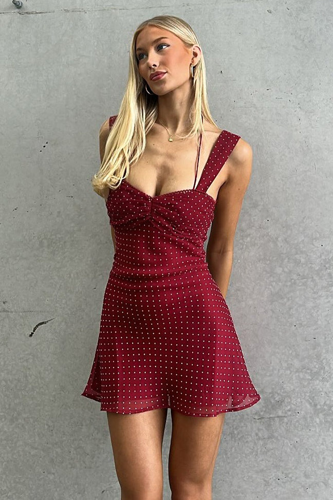 Polka Dot Sweetheart Ruched Bust Spaghetti Strap A-Line Mini Dress