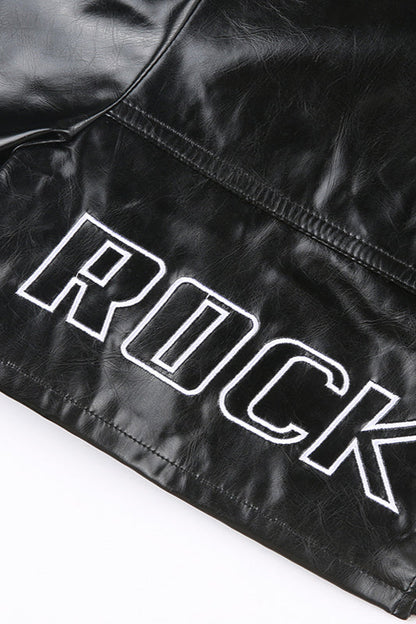 Embroidered Letter PU Leather Coat