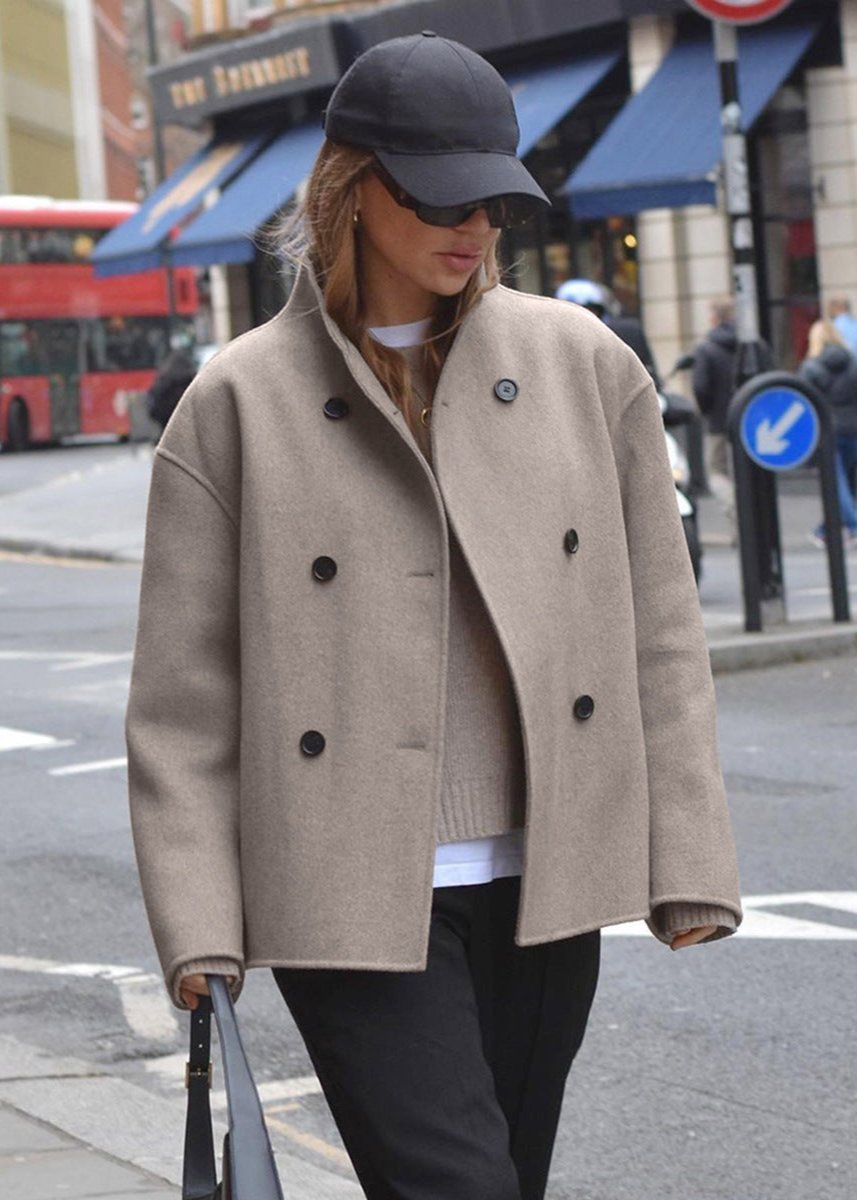 Luxe Double-Breasted Woolen Coat in Taupe