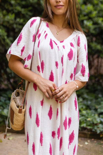 V-neck Large Cuffs Printed Loose Long Dress