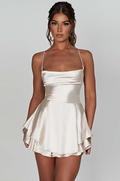 Satin Cowl Neck Spaghetti Strap Tiered Ruffle Flounce Mini Dress