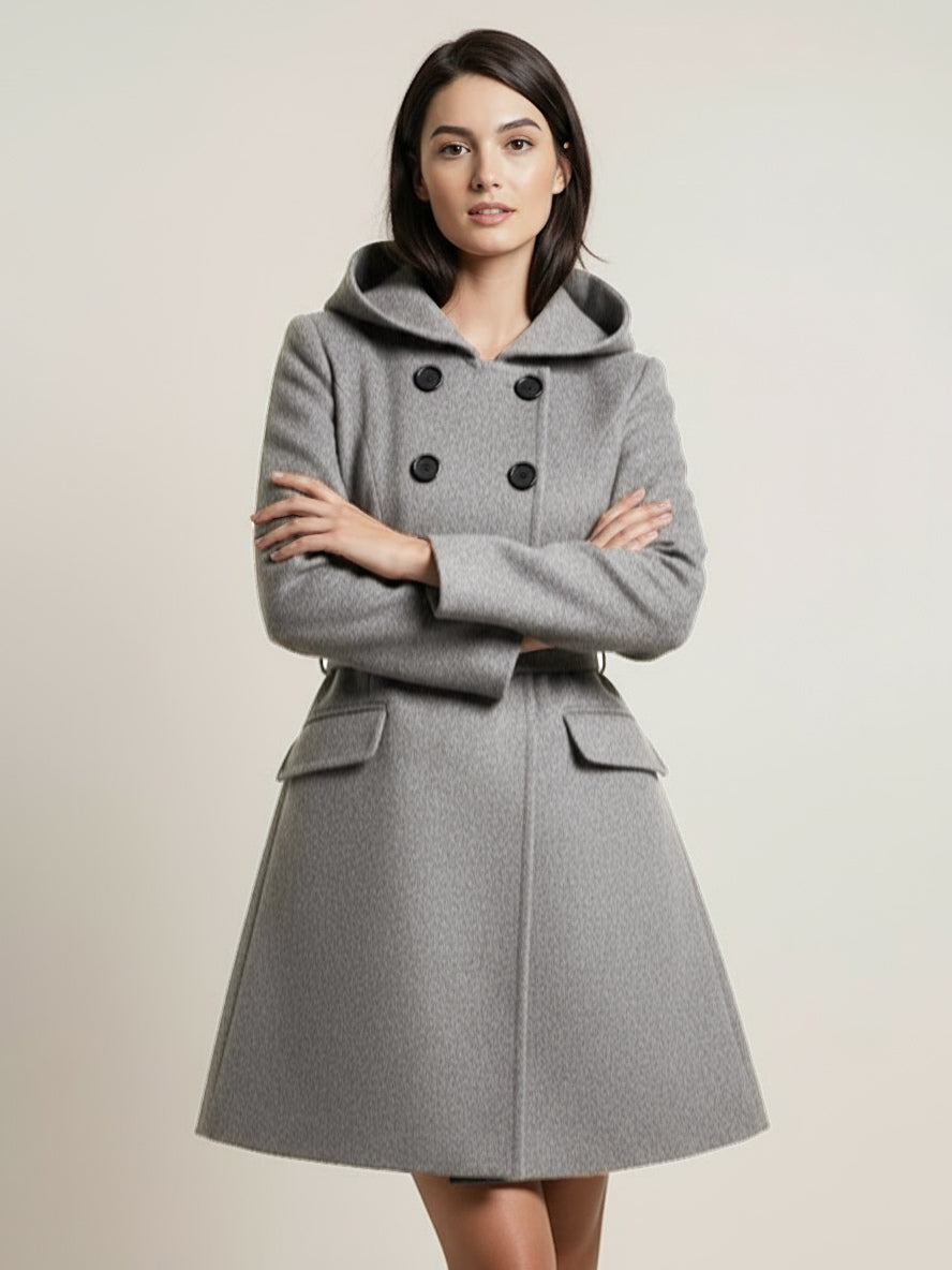 Hooded A-Line Midi Coat With Double-Breasted Design And Belt For Women 2026