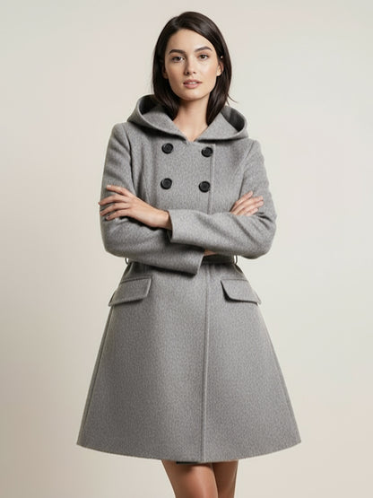 Hooded A-Line Midi Coat With Double-Breasted Design And Belt For Women 2026