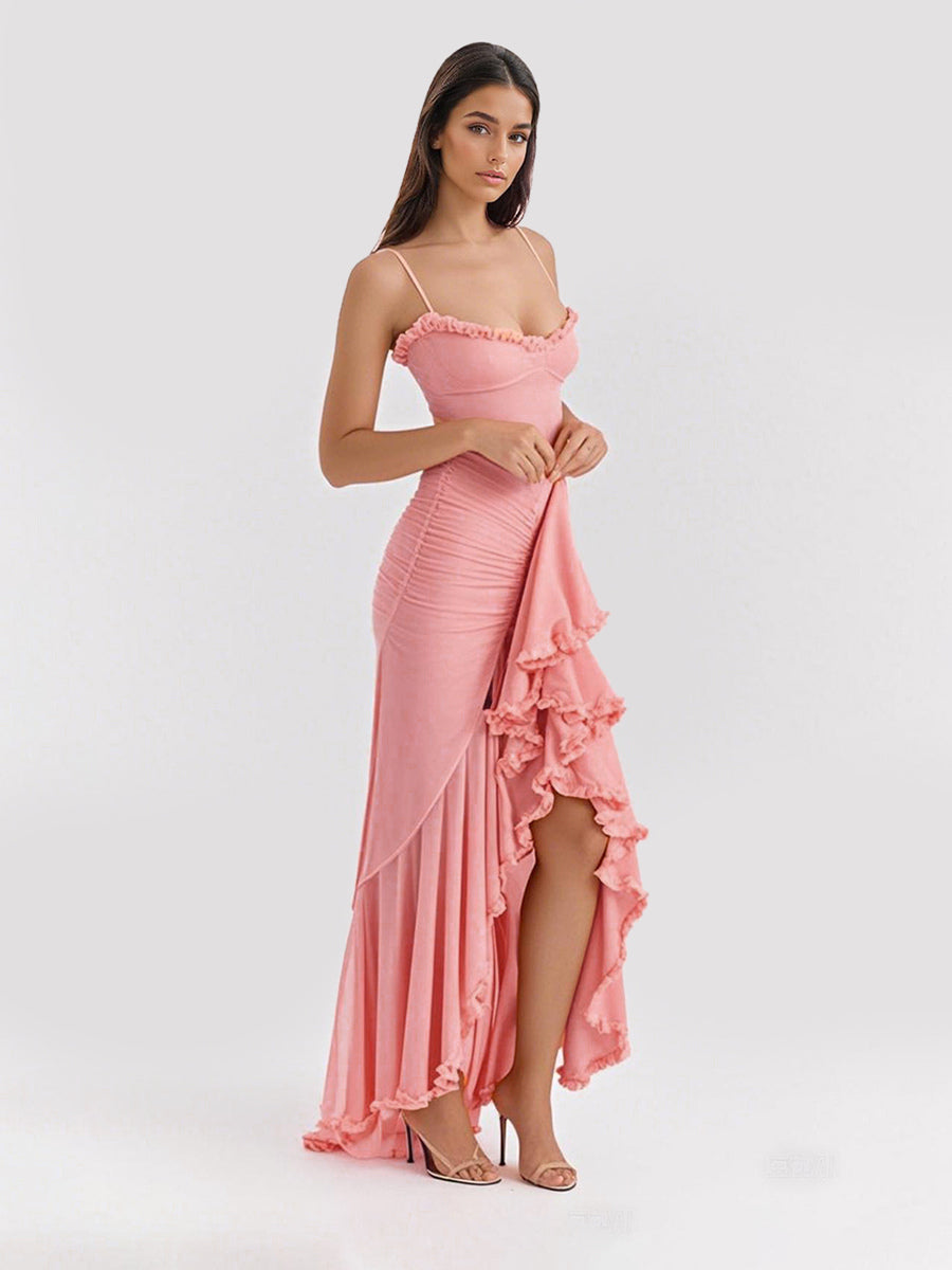 Ruffled Front Party Gown Long Slip Dress For Women 2026