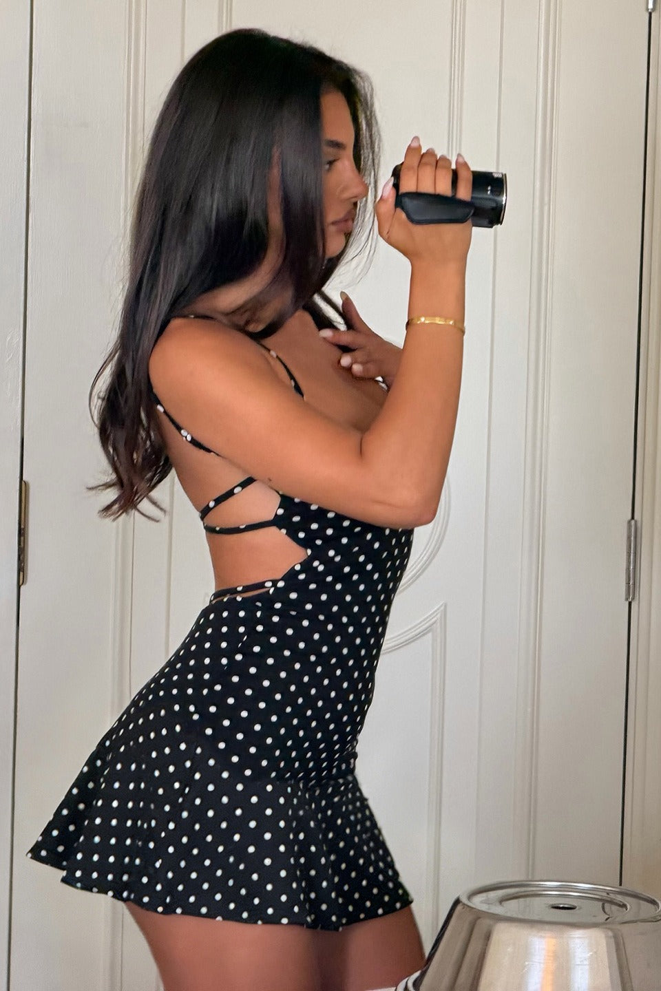 Polka Dot Square Neck Spaghetti Strap Skater Mini Dress