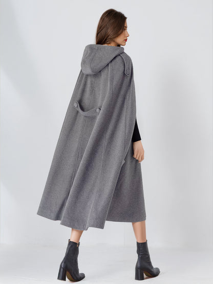 Wool Blend Cape Coat For Women Hooded Gray Oversized Long Poncho Outerwear 2026