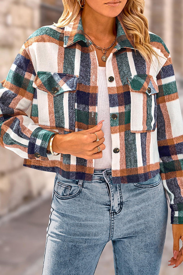 Lapel Pocket Fashion Casual Cropped Ladies Plaid Jacket