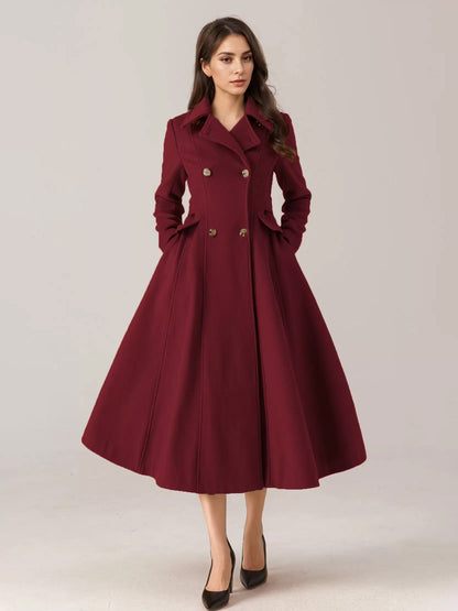 Flared Wool Blend Coat For Woman Red Turndown Collar Double-breasted Elegant 2026 Winter Outerwear