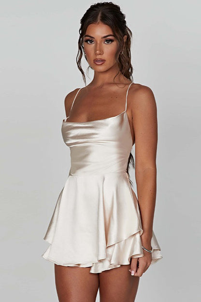 Satin Cowl Neck Spaghetti Strap Tiered Ruffle Flounce Mini Dress