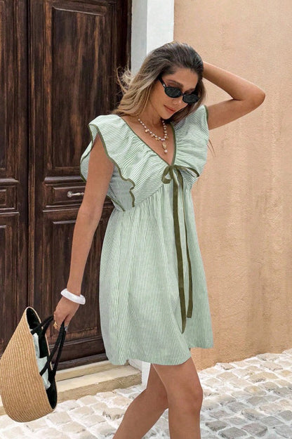 Pinstripe V-Neck Ruffle Flounce Collar Flutter Sleeve Ribbon Bow Mini Dress