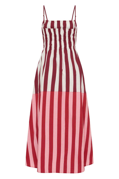 Striped Print Camisole Pleated Holiday Midi Dress