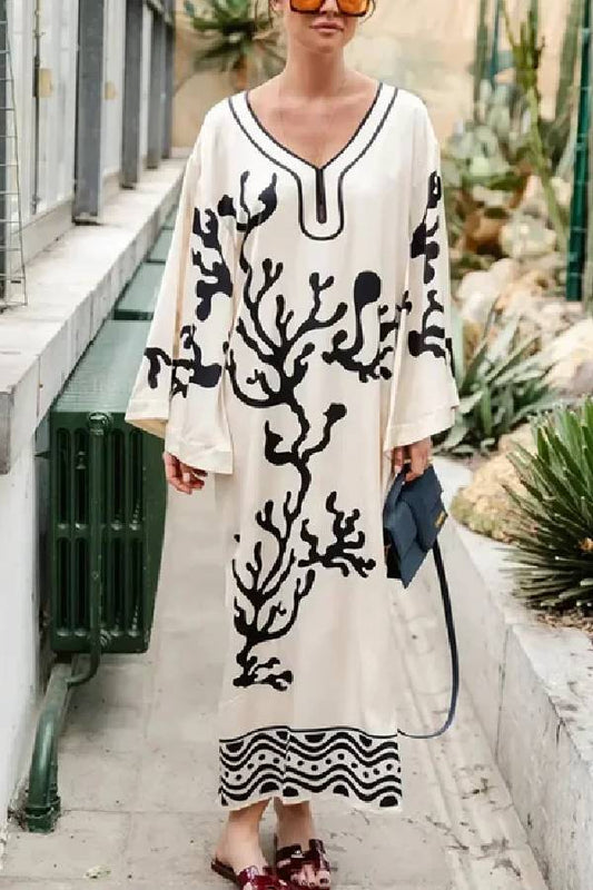 Exotic Locales Satin Unique Print Cutout Neck Wide Sleeve Kaftan Midi Dress