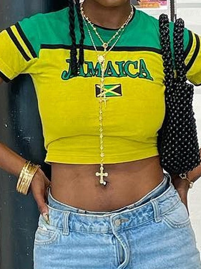 Contrast Letter Print Color Block Pullover Short Sleeve Tee