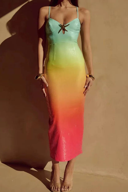 Gradient Sequin Spaghetti Strap Starfish Detail Bodycon Maxi Dress