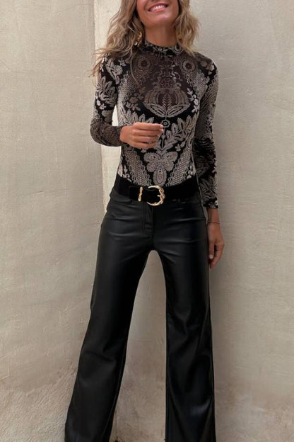 Antarey Velvet Mesh Unique Pattern Long Sleeve Stretch Bodysuit
