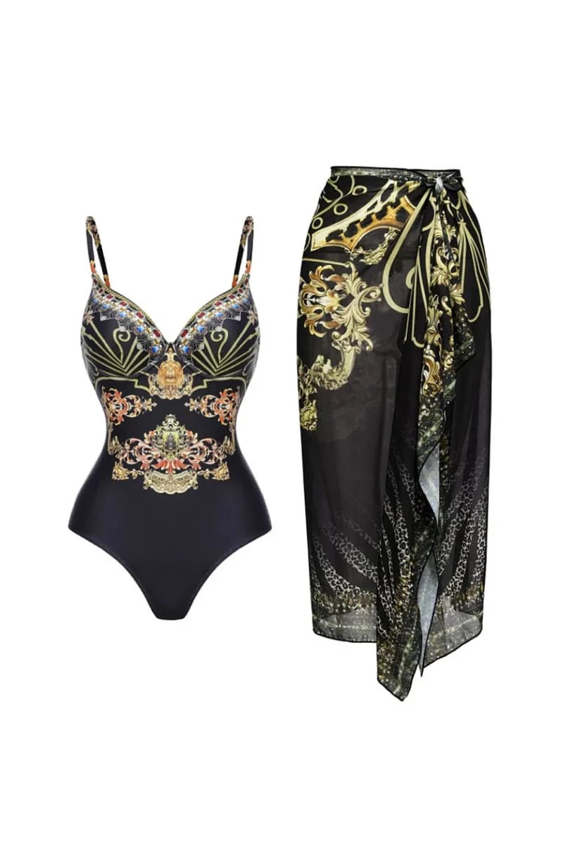 Black Gold Print Strappy One Piece Swimsuit