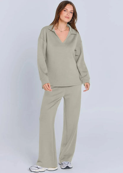 Relaxed Collar Pullover & Wide-Leg Pants Set