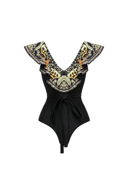 Black Gold Print Ruffle Tie Swimsuit Set
