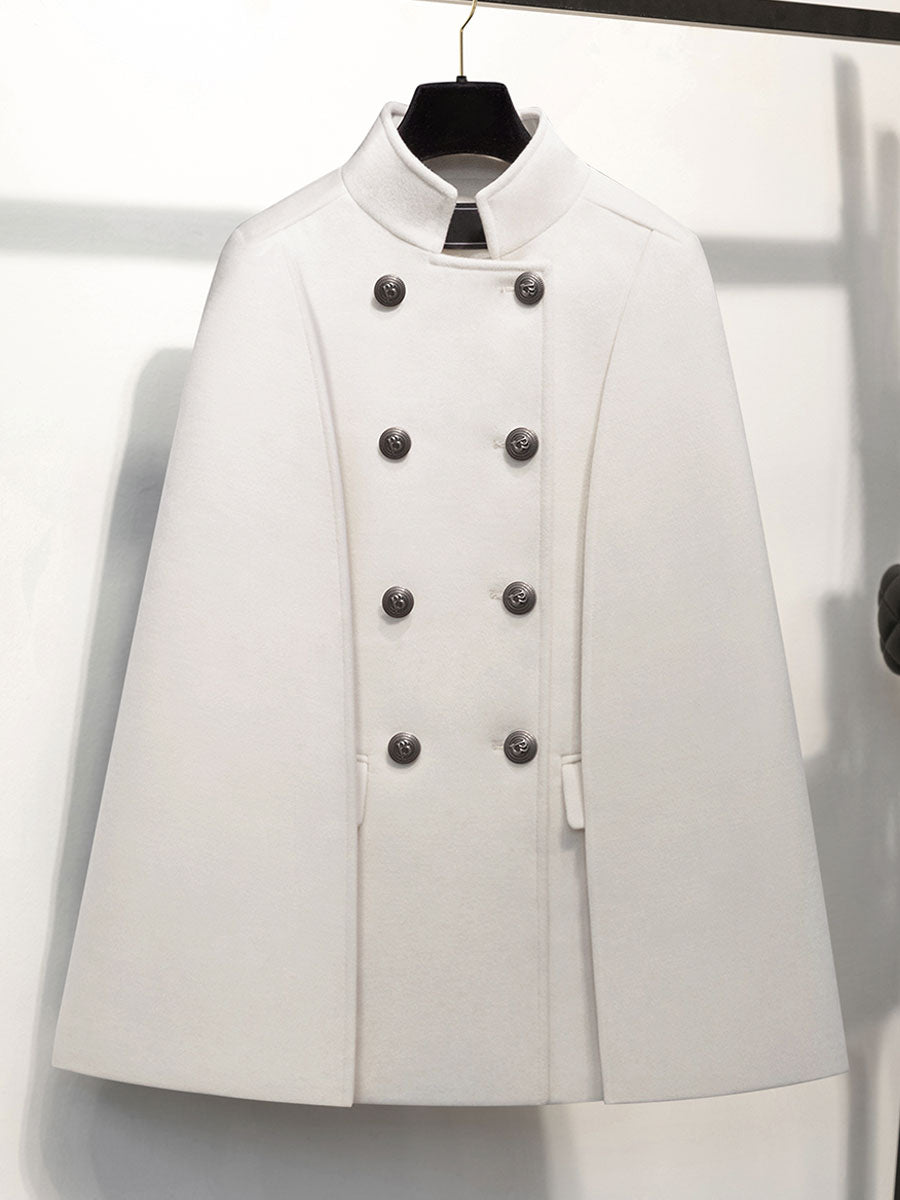 Woolen Poncho Coat Stand Collar Double Breasted Women Cape Outerwear