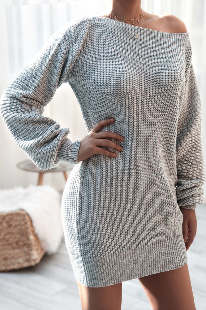 Boat Neck Off Shoulder Oversized Balloon Sleeve Ribbed Knit Mini Sweater Dress