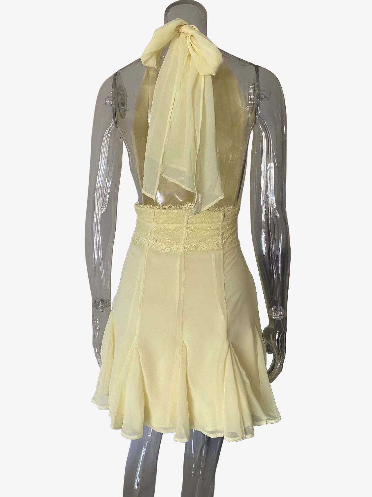 Lace Waist Halter Deep V Neck Pleated Chiffon Party Mini Dress For Women 2026