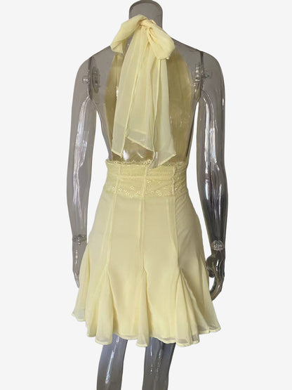 Lace Waist Halter Deep V Neck Pleated Chiffon Party Mini Dress For Women 2026