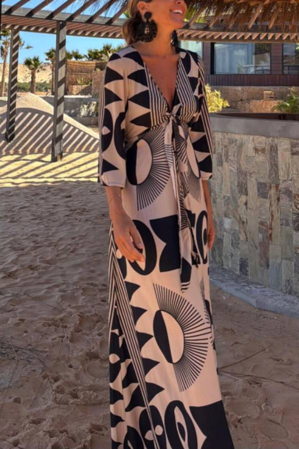 Unique Print V-Neck Tie Loose Pocket Casual Maxi Dress