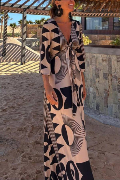 Unique Print V-Neck Tie Loose Pocket Casual Maxi Dress
