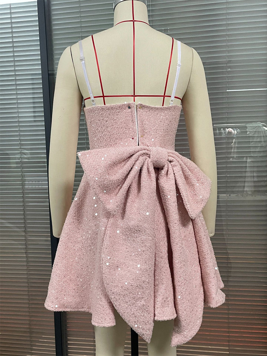 Sequin Mini Dress With Bow Back Square Neck A-Line Birthday Party Dress For Women 2026