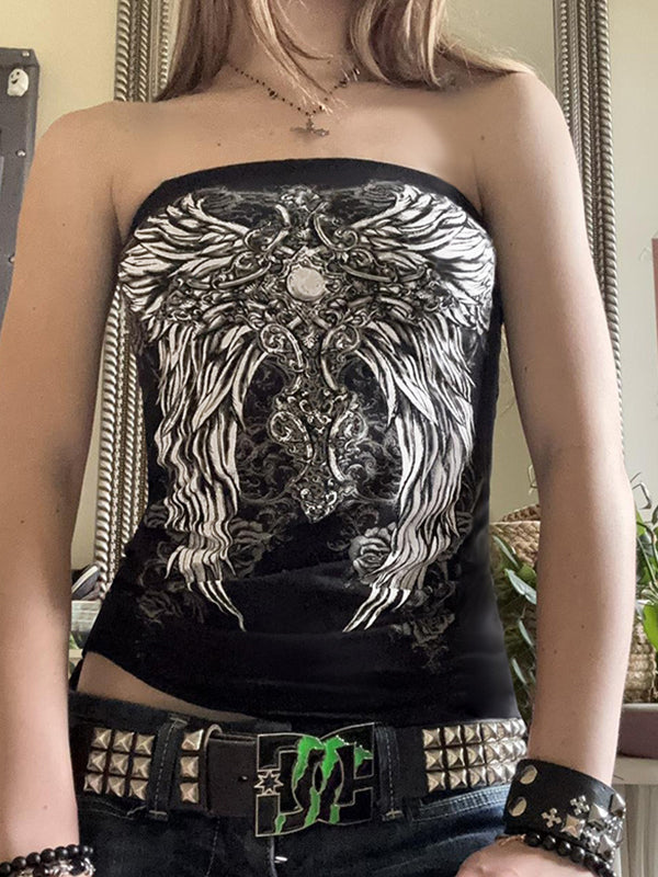 Black Y2k Wings Print Personalisation Bandeau Top