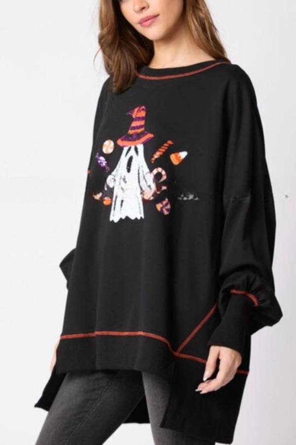 Halloween Ghost Sequined Sweatshirt Embroidered Casual Top