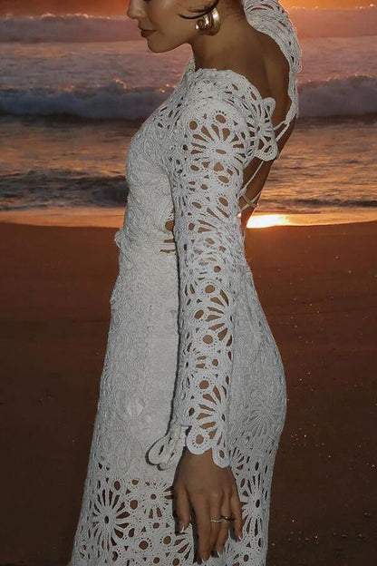 Forever Sunsets Crochet Back Lace-up Coverup Maxi Dress