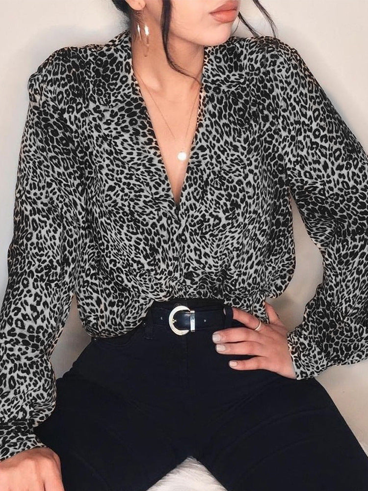 Women's Leopard Print Button-Up Blouse – Long Sleeve Stylish Top