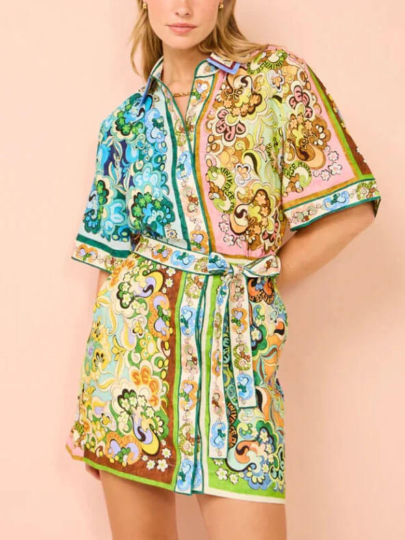 Collared Short Sleeve Belted Scarf Print Shirt Mini Dress