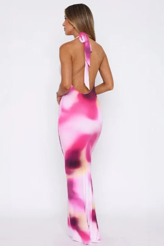 Halter Cowl Plunge Anthurium Floral Print Bodycon Maxi Dress