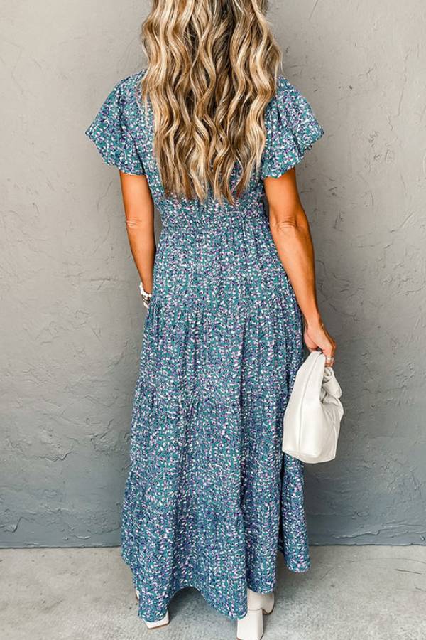 Blue Abstract Print Split V Neck Shirred High Waist Maxi Dress
