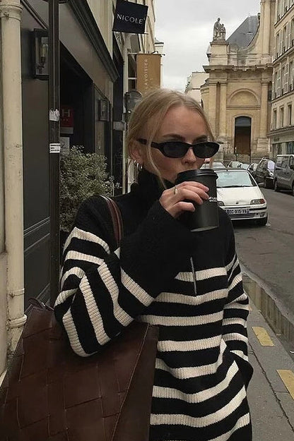 Laid-back Retro Lapel Half-zip Striped Sweater