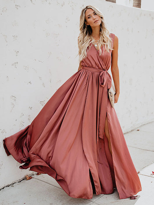 Blush Pink Wrap Maxi Dress for Women - Elegant V Neck High Slit Long Dress - Summer Beach Wedding Guest Wear 2026