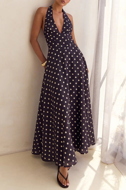 Floral Print V-neck Backless Tie-up Fitted Waist Elegant Maxi Dress