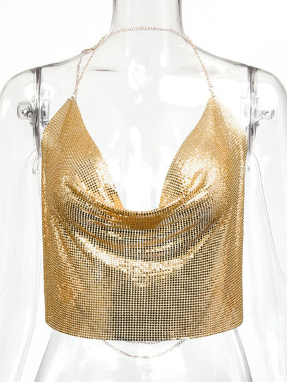 Sexy Straps Halter Metal Tops Sequin Clubwear Tops Sliver Sleeveless Spaghetti Straps Cami Draped Crop For Women