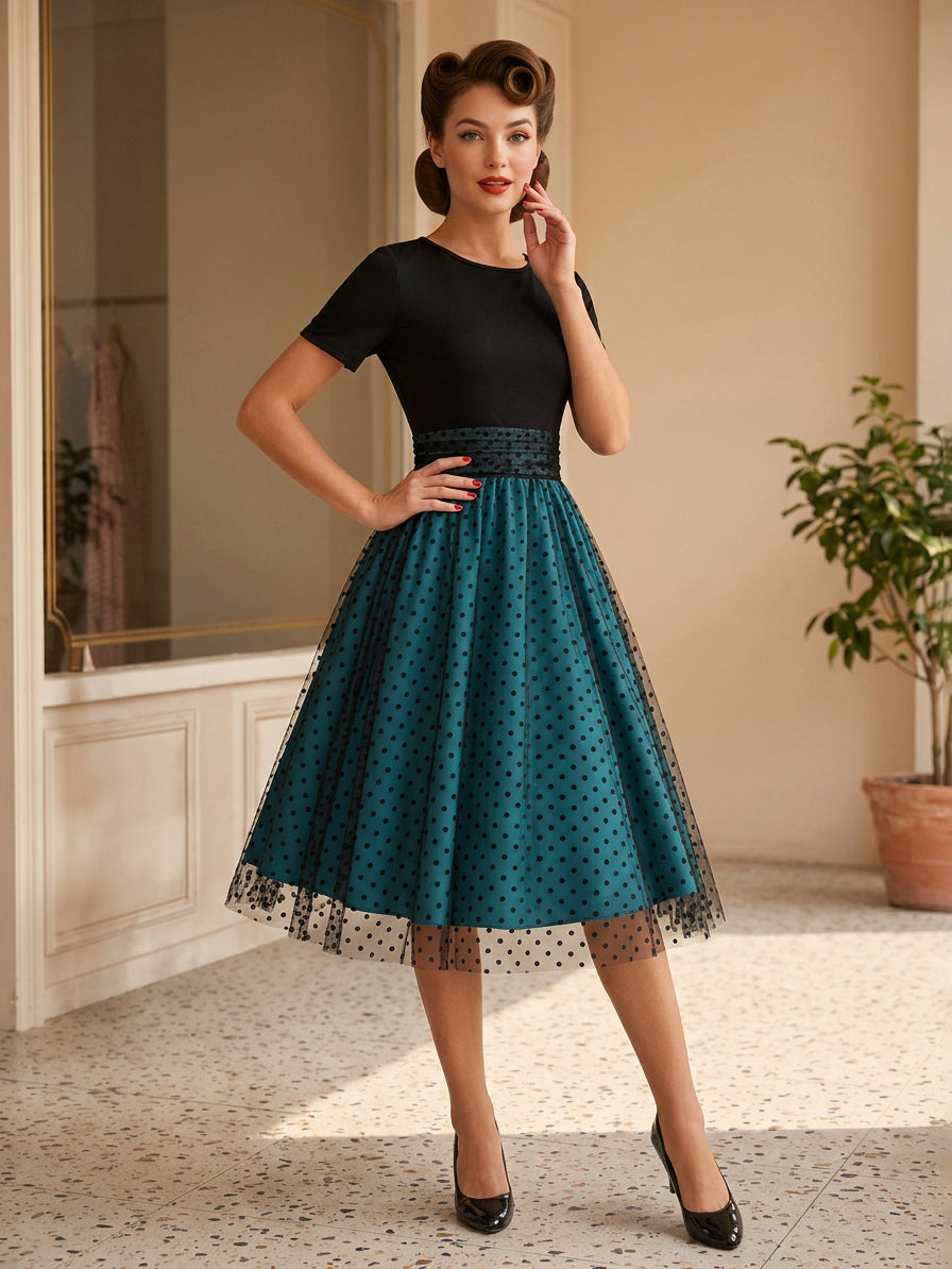 Retro Glamour Dress 1950s Style Jewel Neck Layered Short Sleeves Medium Polka Dot Rockabilly Dress