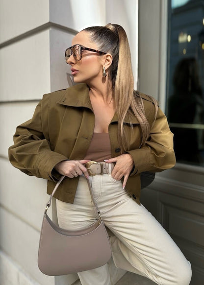 Cropped Button-Up Jacket with Epaulettes – Khaki