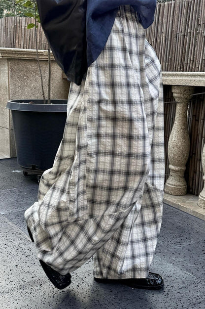 Casual Plaid Ruched Wide Leg Pants