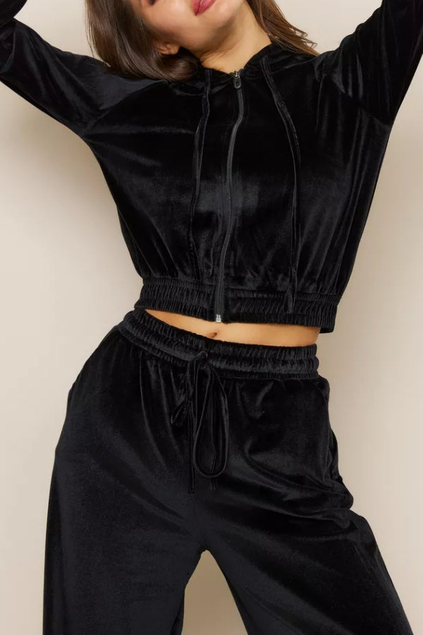 Fashion Zipper Open Velvet Casual Two -piece Suit